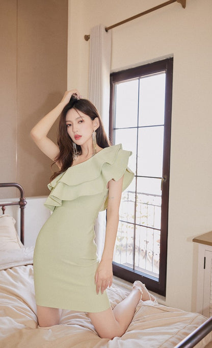 DOLLY High End Slant Collar Ruffled Of Shoulder Body Hug Short Formal Dress-ZENAIDA