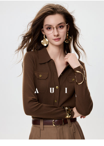 AUI  Polo Collar Long Sleeve Knit Sweater Top - PAKA