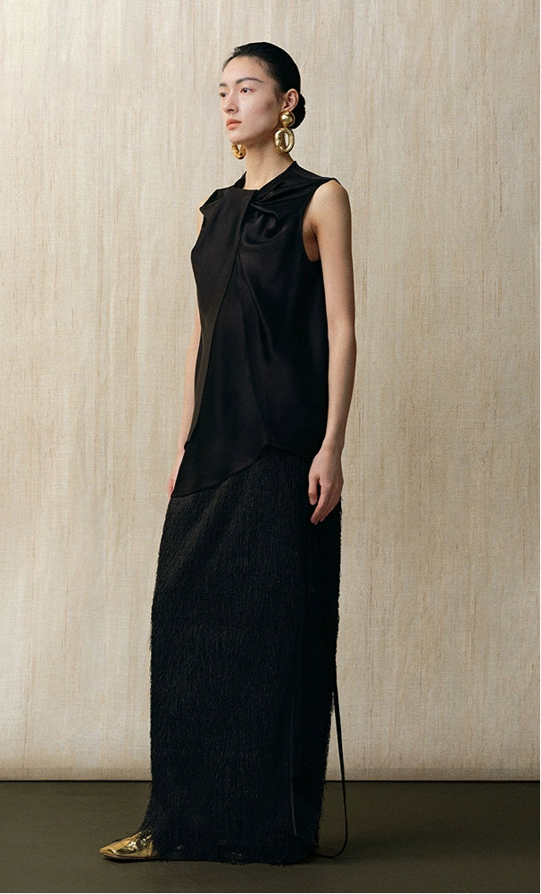 ZHUCHONGYUN crew neck black satin irregular sleeveless top-ASH.