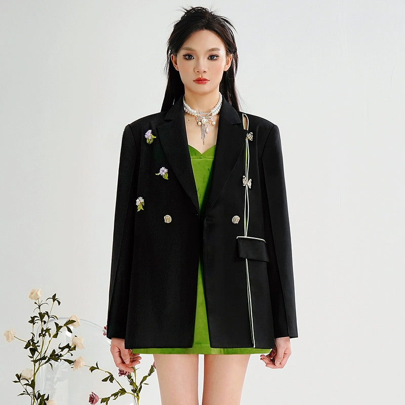 CHECOCRE Elegant Stubble New Chinese Crystal Butterfly Pure Black Coat - CEASER