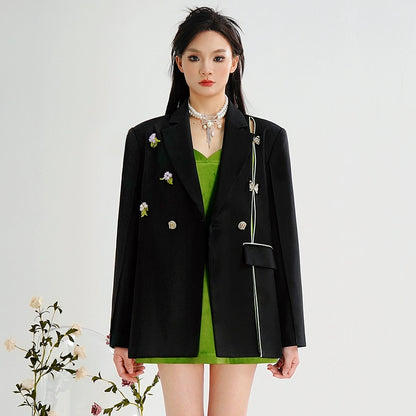 CHECOCRE Elegant Stubble New Chinese Crystal Butterfly Pure Black Coat - CEASER