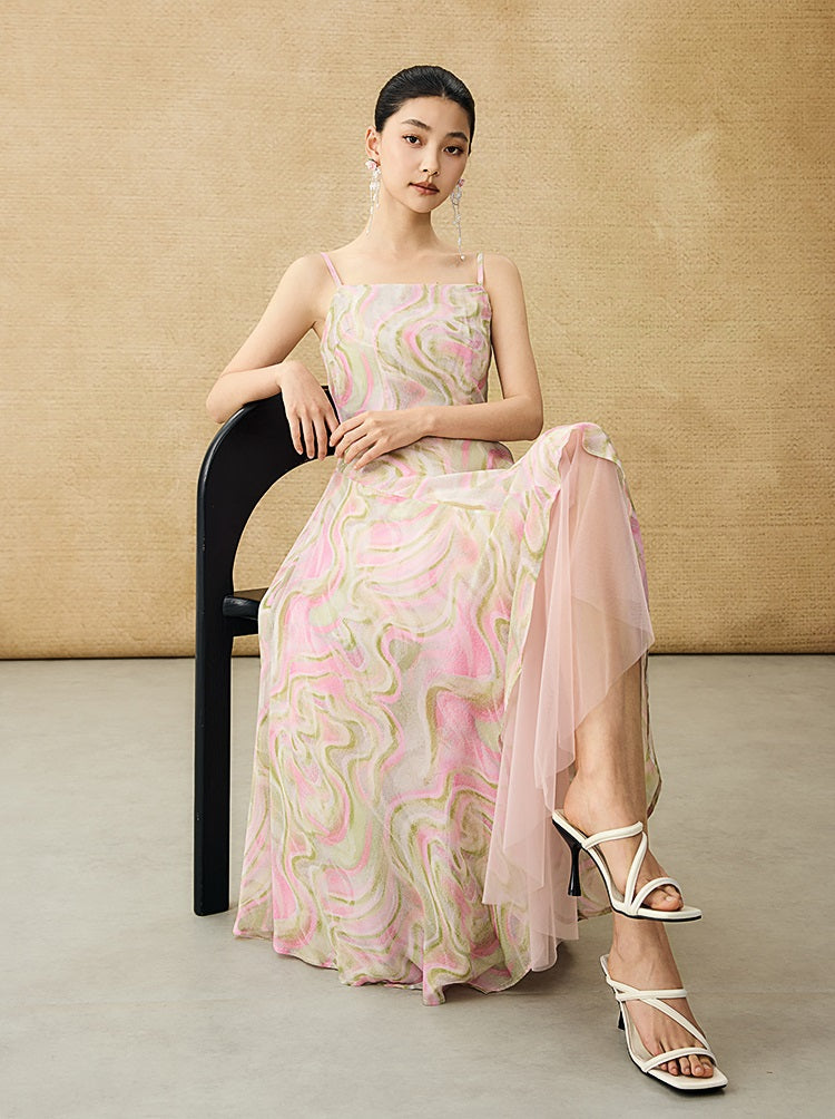 HECO Chinese Style Silk Chiffon Slip Summer Water Ripple Print Long Skirt - PEKKER.