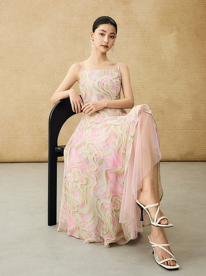 HECO Chinese Style Silk Chiffon Slip Summer Water Ripple Print Long Skirt - PEKKER.