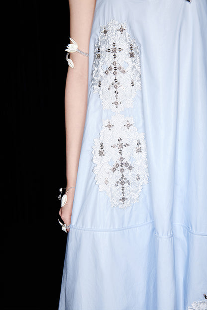 M essential Mackay designer embroidered A-hem pastel blue skirt dress - euno sia.