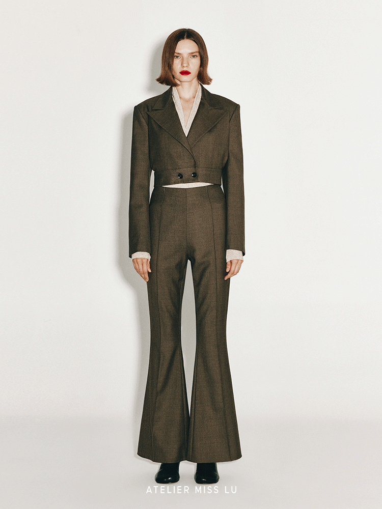 ATELIER MISS LU Button-down Hem Straight Wool Cropped Suit - JECOR.
