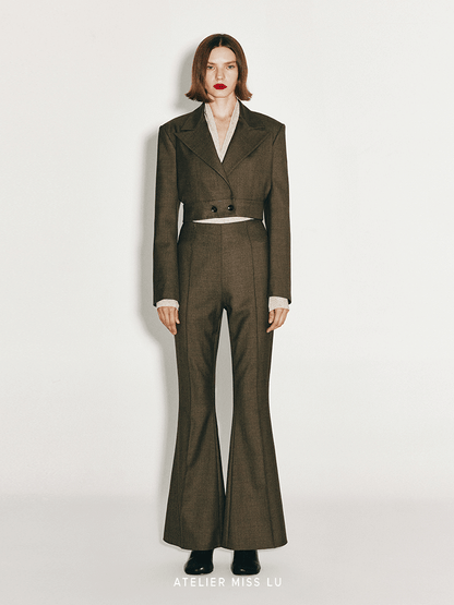 ATELIER MISS LU Button-down Hem Straight Wool Cropped Suit - JECOR.