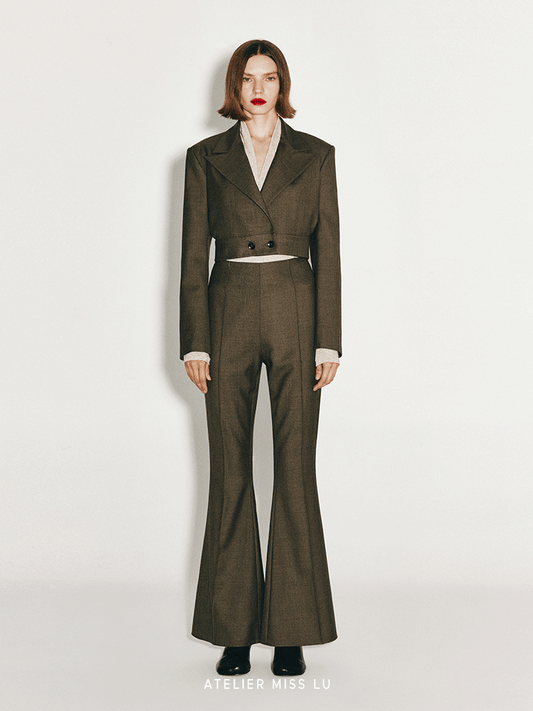 ATELIER MISS LU Button-down Hem Straight Wool Cropped Suit - JECOR.