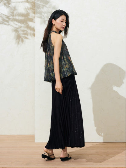 SUSHE Light Chinese smudge halter neck off-the-shoulder chiffon top -TESS