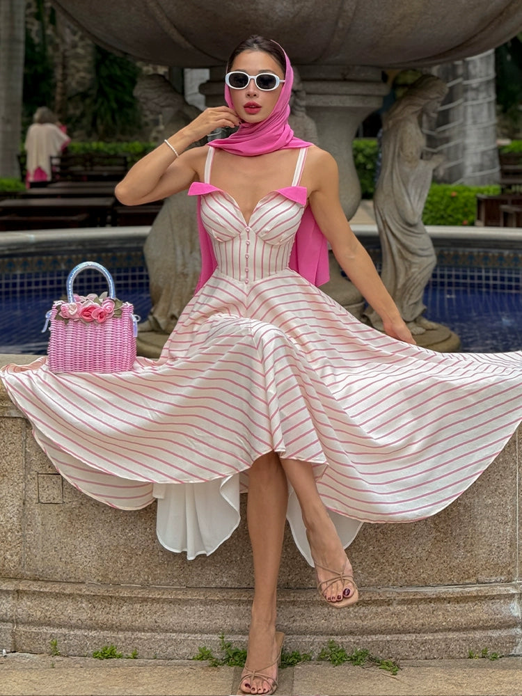 Le Palais Vintage Elegant  pink and white striped heavy work Maxi skirt draped dress-UNIQUE