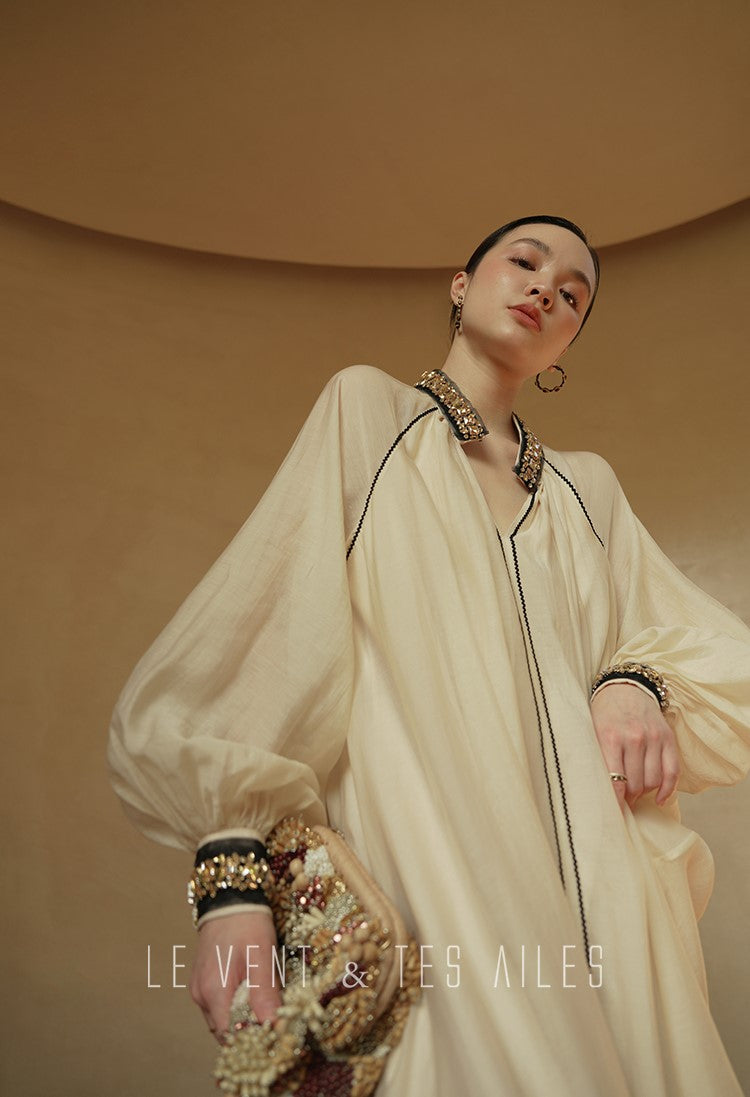 LE VENT&TES AILES retro Crystal embellished Premium Silhouette Tencel Beaded vacation Dress-YUTA