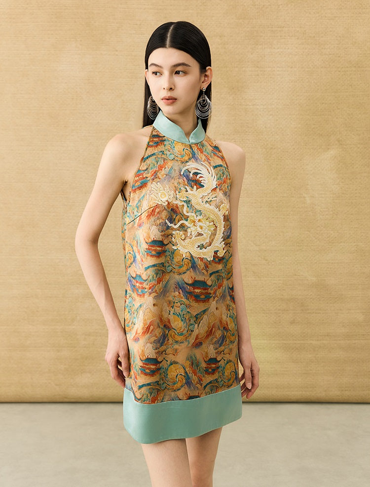 HECO Chinese Stand Collar Color-Blocked Golden Dragon Embroidery Dress - ZIPH