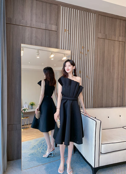 DOLLY Elegant Off Shoulder Pleated Ruffle Tube Top High Wait Midi Dress-LLA