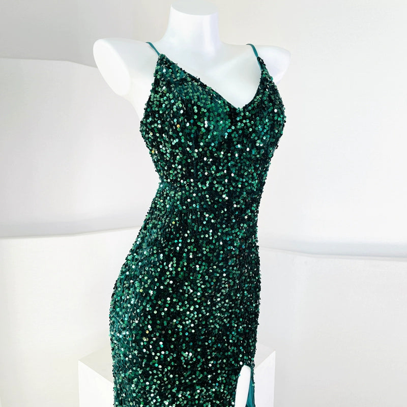 DOLLY Luxury Blue Deep V-Neck Sleeveless Long Fish Tail Sequin Cocktail Dress-AROURA