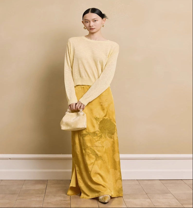 HECO Acetate Peony Jacquard Embroidery Side Slit Maxi Skirt  - SMART.