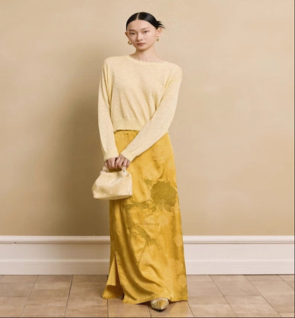 HECO Acetate Peony Jacquard Embroidery Side Slit Maxi Skirt  - SMART.