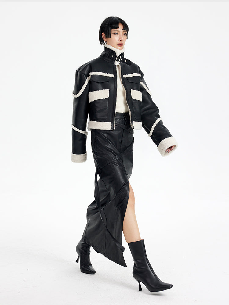 TINY IN black and white contrasting stitched fur leather biker jacket -MIKE