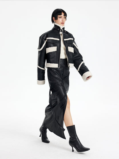 TINY IN black and white contrasting stitched fur leather biker jacket -MIKE