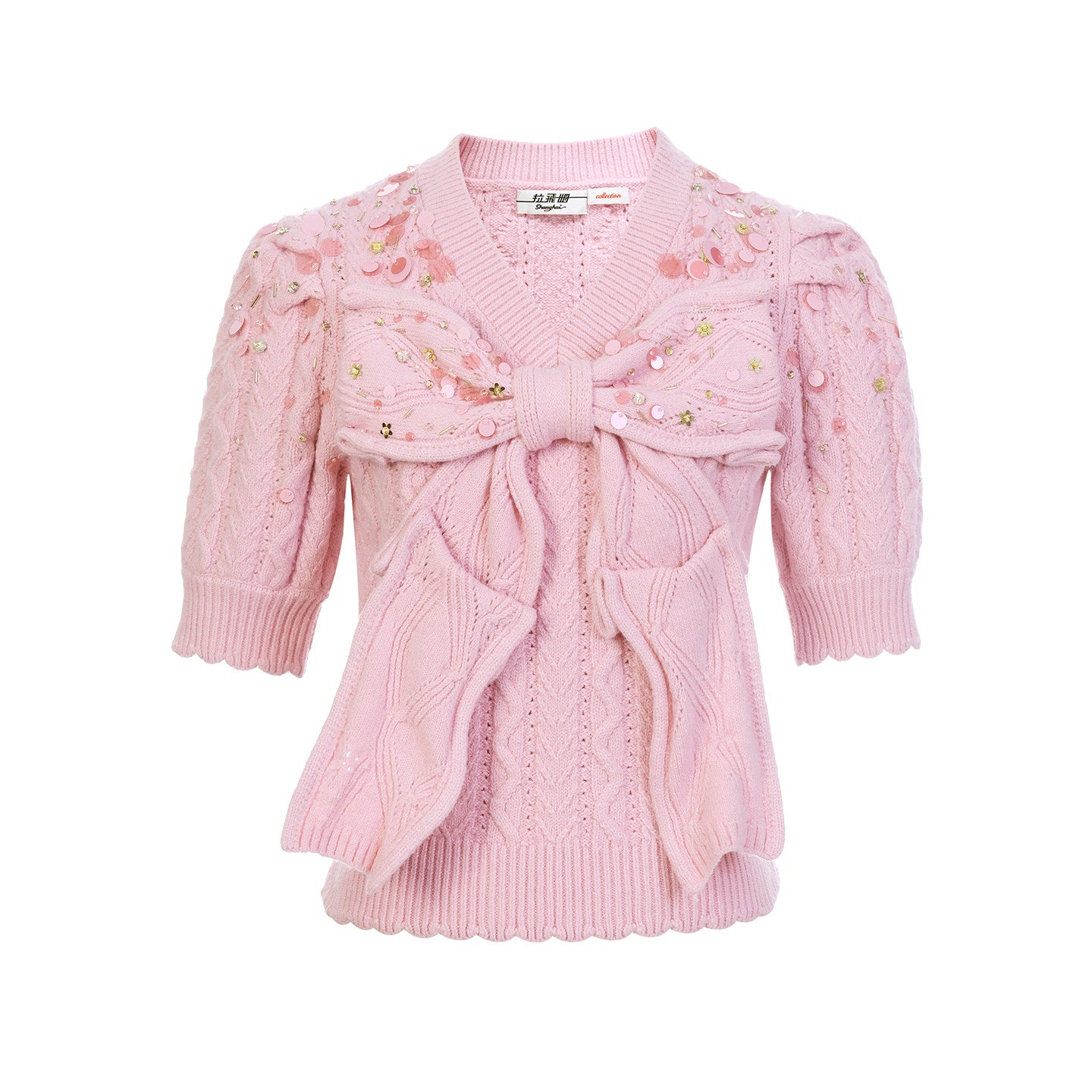 FAME Big Bow Shape Beaded Short Sleeve Knitted Top - AMANDA.