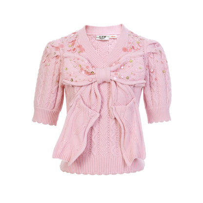 FAME Big Bow Shape Beaded Short Sleeve Knitted Top - AMANDA.