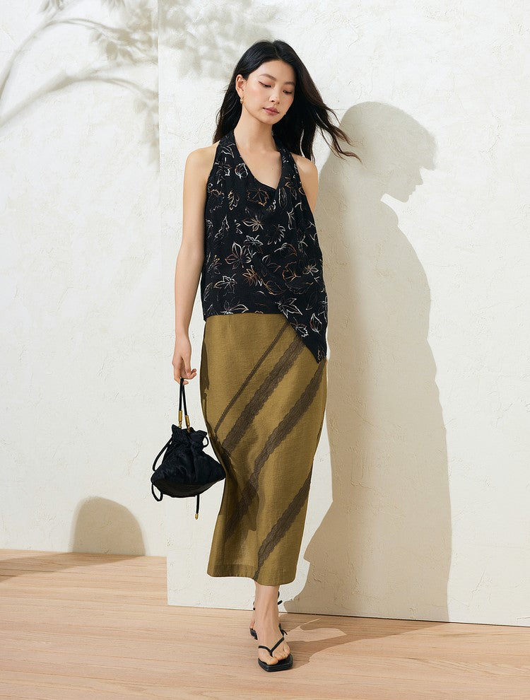 SuShe Elegant Tencel linen lace stitching back slit skirt -SARA