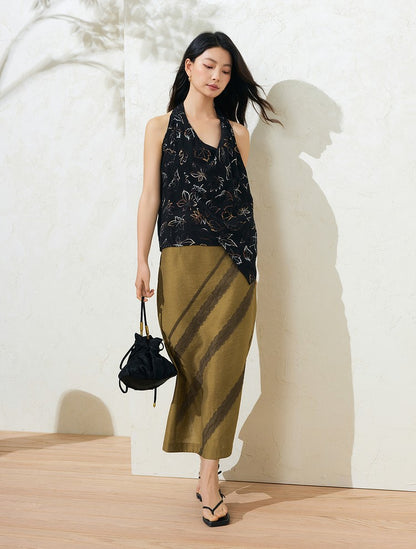 SuShe Elegant Tencel linen lace stitching back slit skirt -SARA