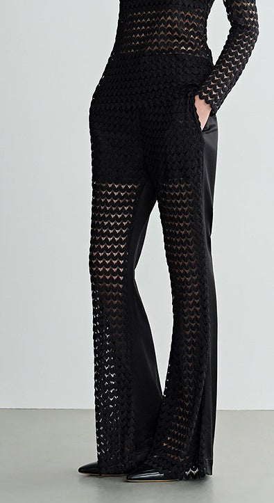COMME MOI summer black cut-out satin panel flared pants - MADELYN.