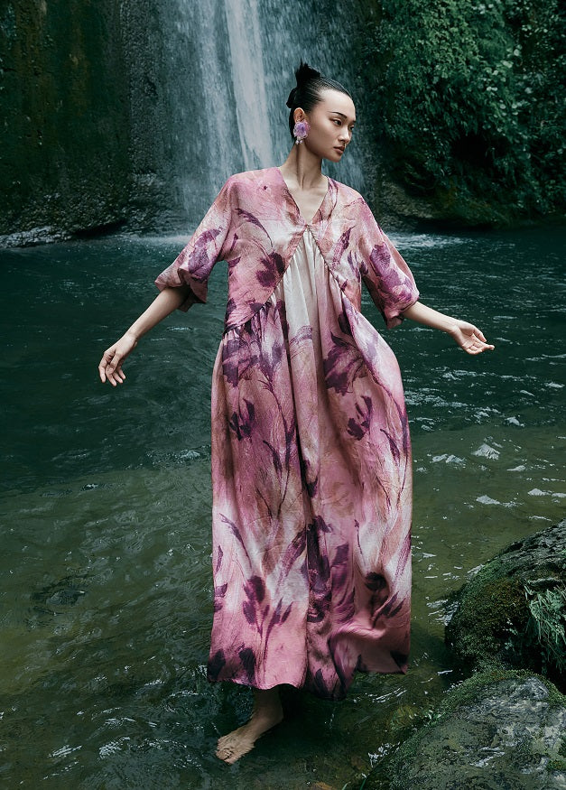 HECO Chinese Silk V-neck Dress Summer Elegant Floral Slim Long dress - GINE .