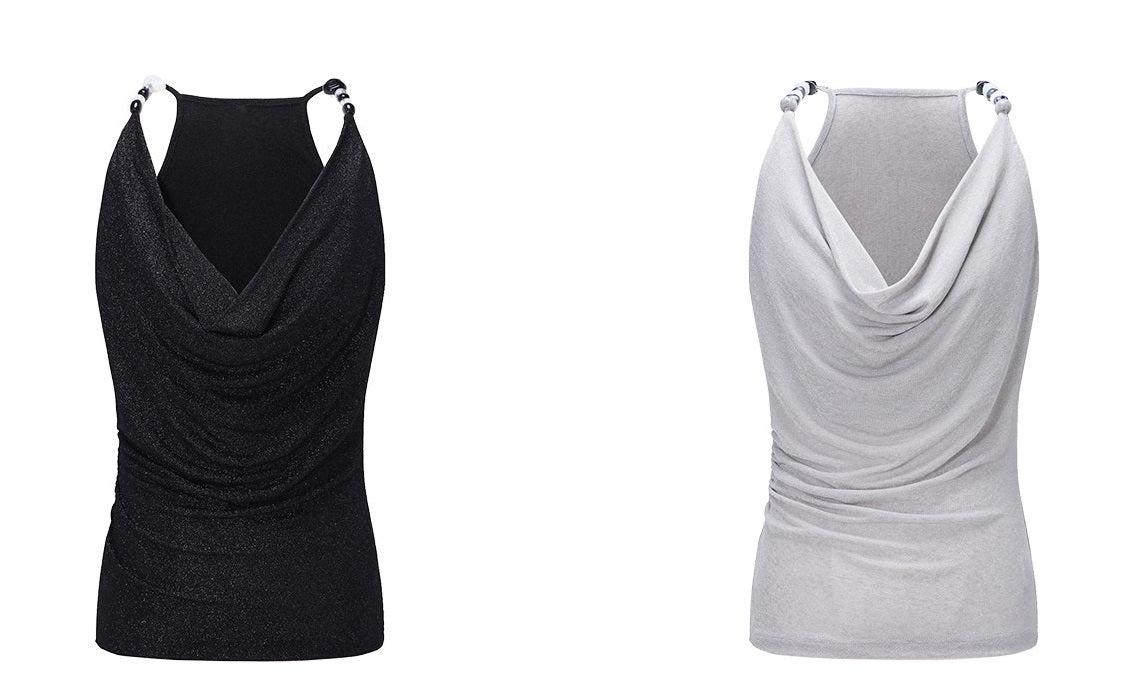 WANGXO | Elegant Swing Neckline Pleated Waist Beaded Camisole Top- SENA