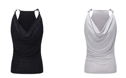 WANGXO | Elegant Swing Neckline Pleated Waist Beaded Camisole Top- SENA