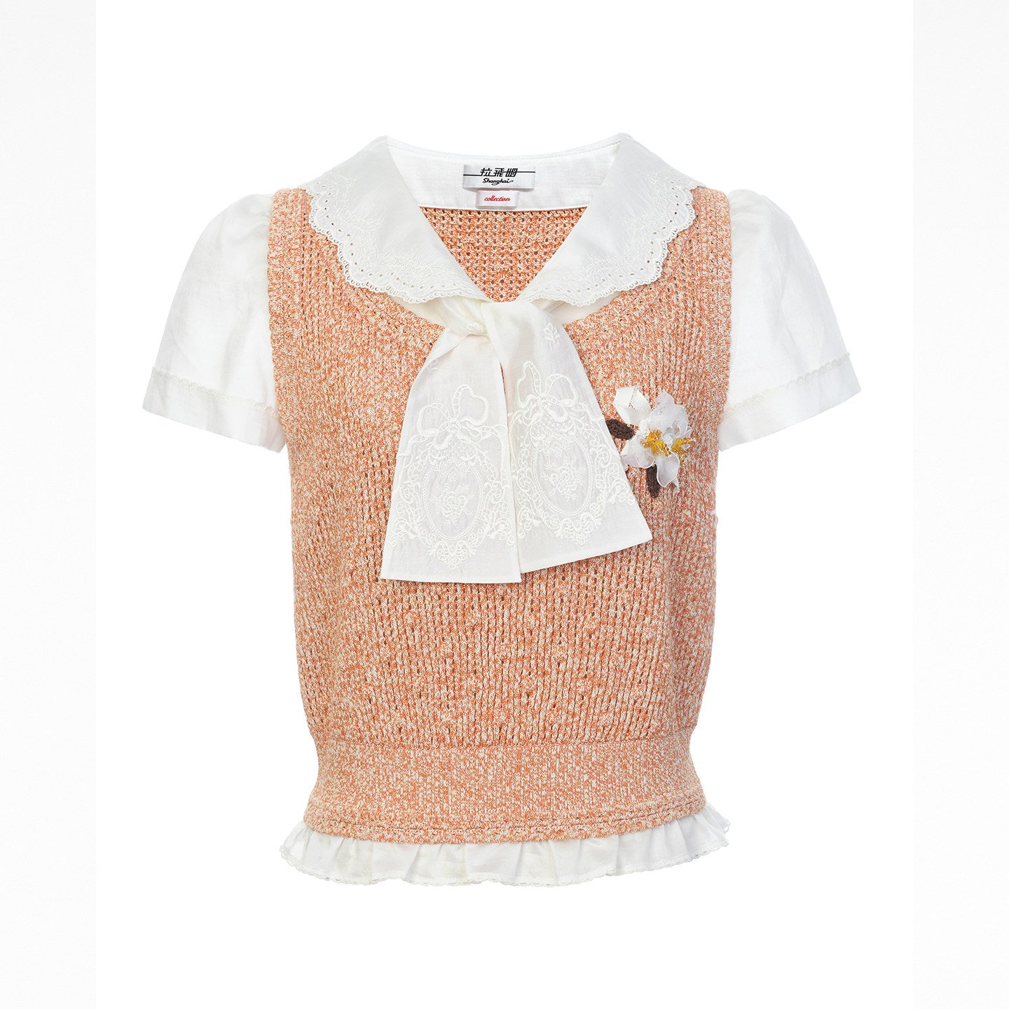FAME Beaded Patchwork Lace Fake Two Knitted Short Sleeve Top - ETHAN