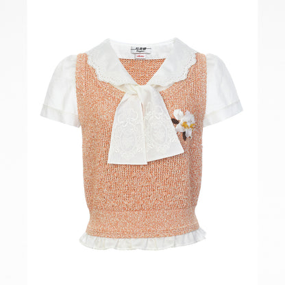 FAME Beaded Patchwork Lace Fake Two Knitted Short Sleeve Top - ETHAN