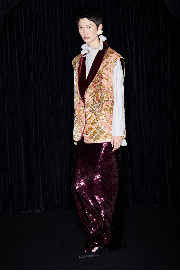 M essential Mackay designer embroidered quilted cotton gilet sequin long skirt-  lily of the valley