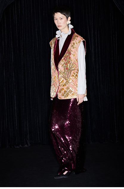 M essential Mackay designer embroidered quilted cotton gilet sequin long skirt-  lily of the valley