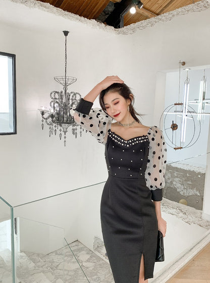 DOLLY Luxury Black Retro Style V-Neck Polka Dot Long Sleeve Slim Fit Dress-DEL