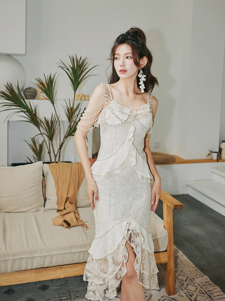 DOLLY Elegant French Style Cream Ruffled Lace Fake Two Piece Midi Dinner Dress-KAKA