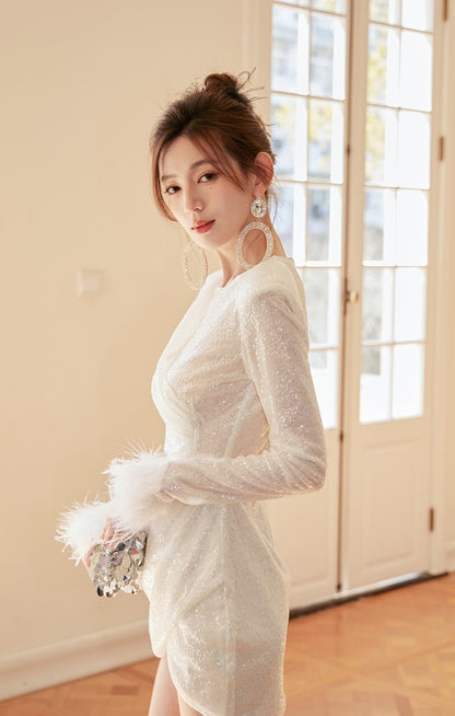 DOLLY Elegant White Crew Neck Long Sleeve Short Sequin Sexy Birthday Dress-LAYLA