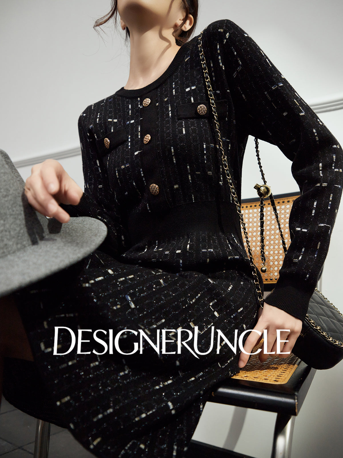 DGU|Twilight" black small fragrance style slimming high-end long-sleeved dress - Antonia.