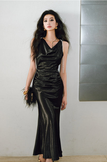 WANGXO |Detachable Pearl Pendant Swing Neck Waist Fishtail Dress -NOYA