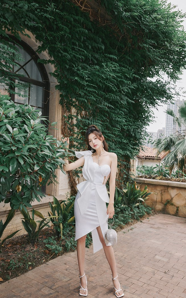 DOLLY Elegant Ruffled Off Shoulder Hollow Waist Irregular Hem Dinner Dress-NINA