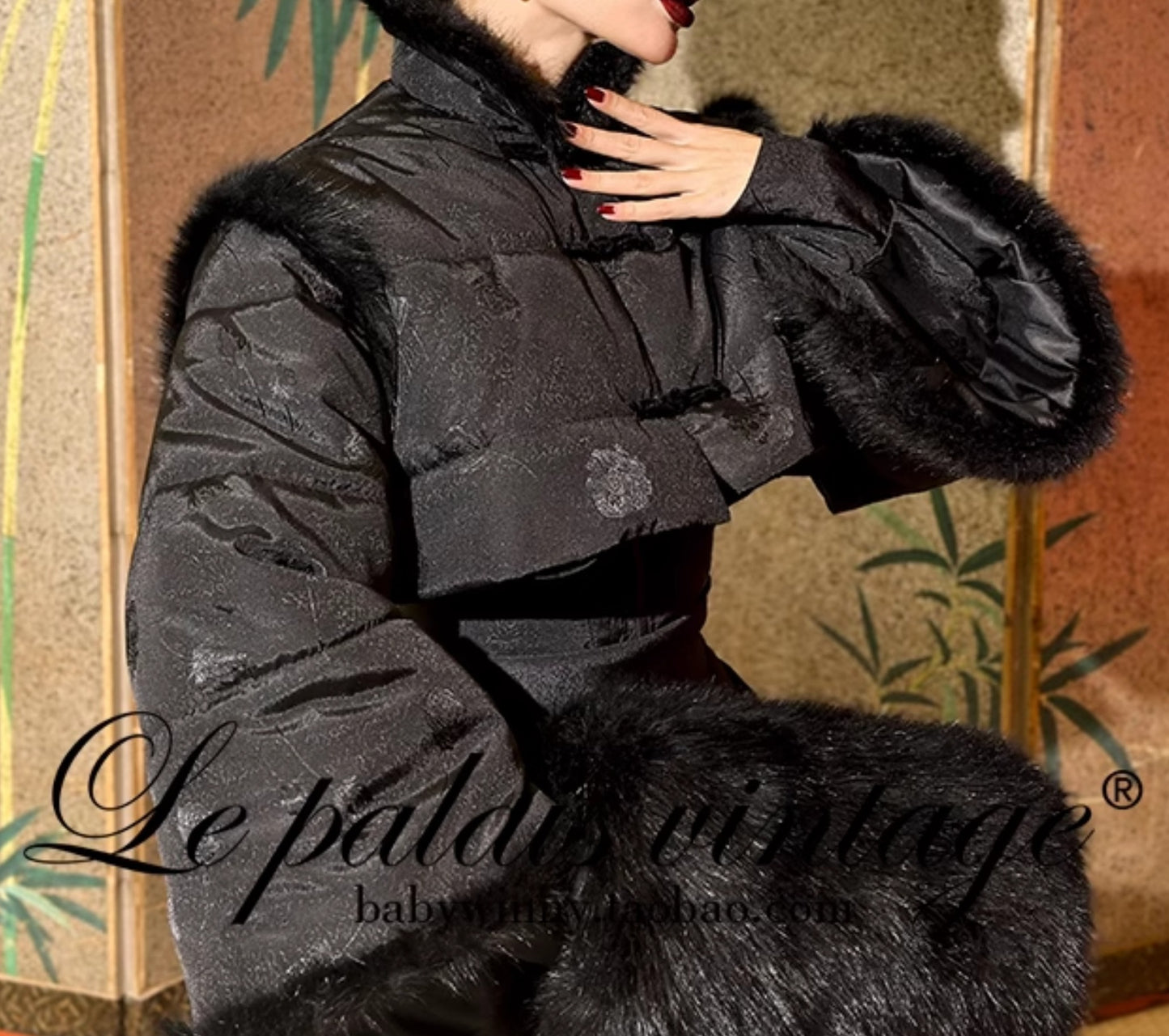 Le Palais Vintage Luxury Retro Black Cotton Short Fur Jacket + High Waist Skirt-Carla