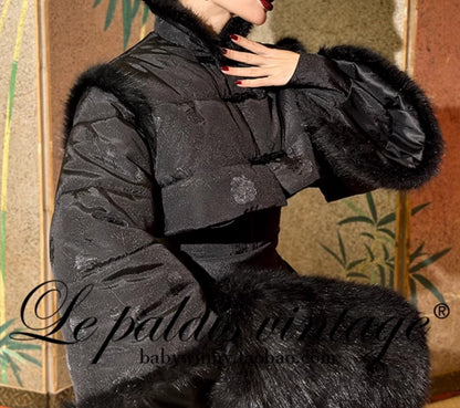 Le Palais Vintage Luxury Retro Black Cotton Short Fur Jacket + High Waist Skirt-Carla