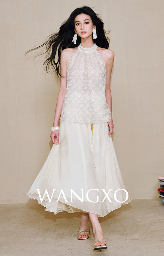 WANGXO Sequin Halterneck Top & A-Line Gauze Skirt - ZELDA.