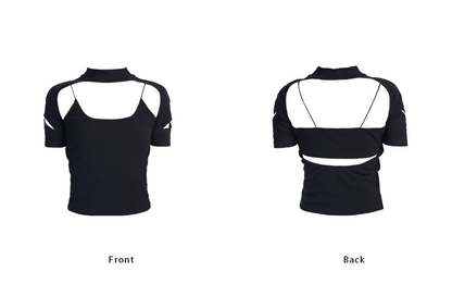 TINY IN cut-out high neck u-neck short sleeve fake two-piece top - COM