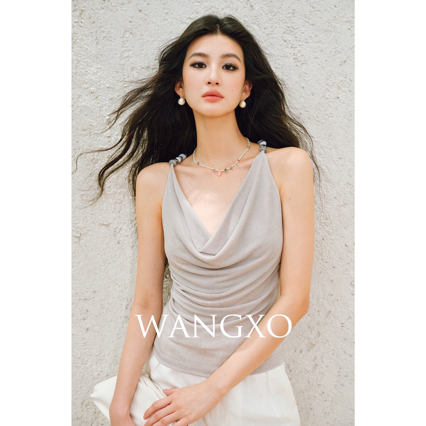 WANGXO | Elegant Swing Neckline Pleated Waist Beaded Camisole Top- SENA