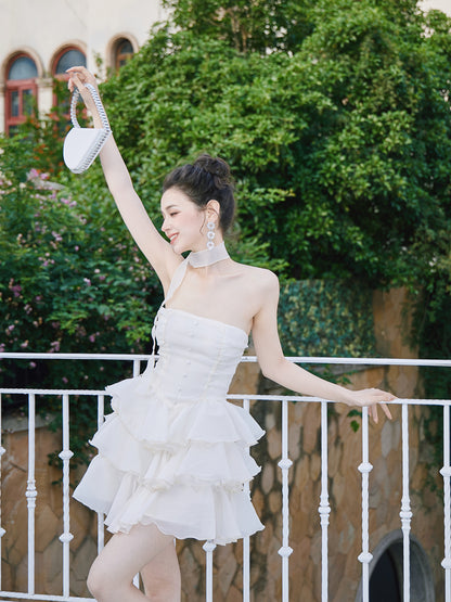 DOLLY Elegant Cream Colored Tube Top Fluffy Ruffle Birthday Dress-ANDORA (V)