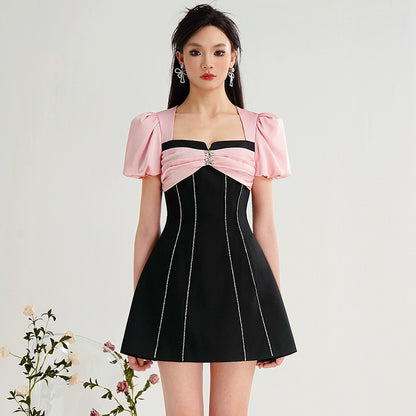 CHECOCRE  Elegant Contrasting Design Fashion Puff Sleeves Neck Slim Black Dress- DARK