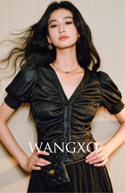 WANGXO Lumina Silk Satin Twill V-Neck Puff Sleeve Top - REYNA.