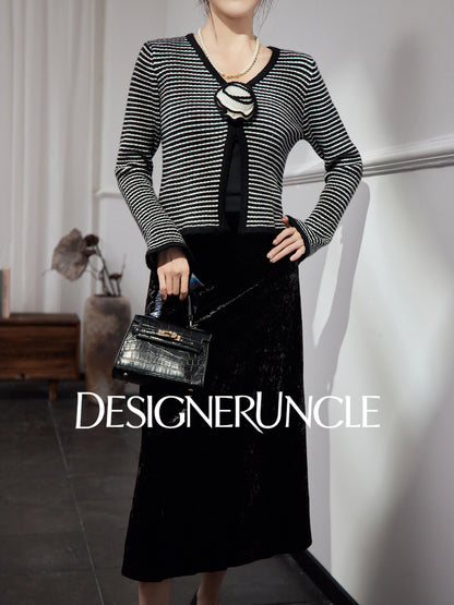 DGU "Lanxi" black knitted sweater striped French retro slimming top - IMOGEN.