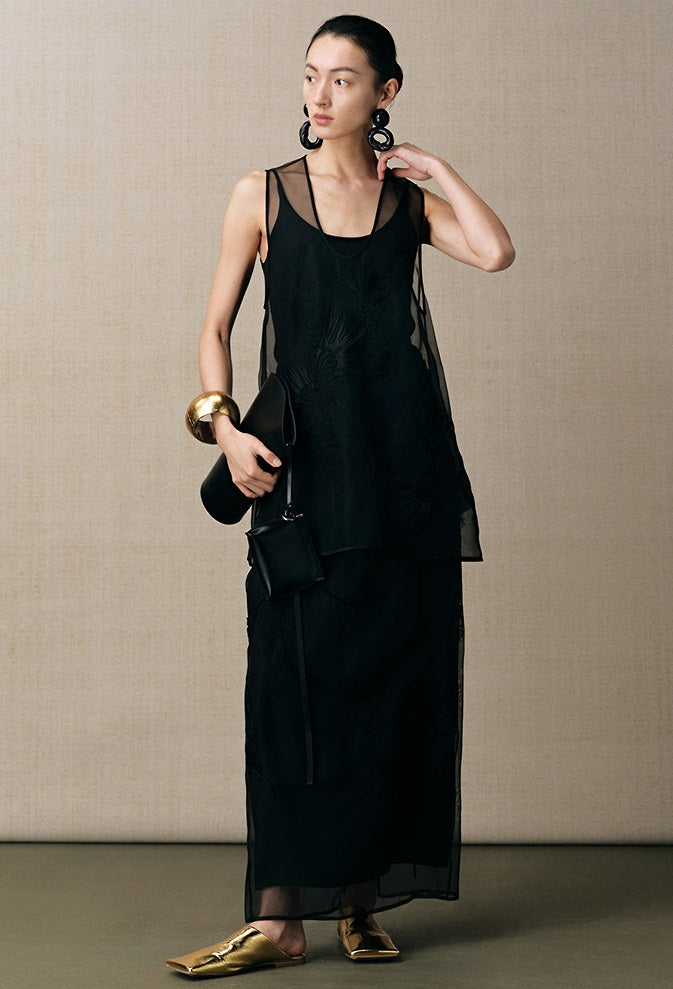 ZHUCHONGYUN organza curved lined silk straight skirt-FAB.