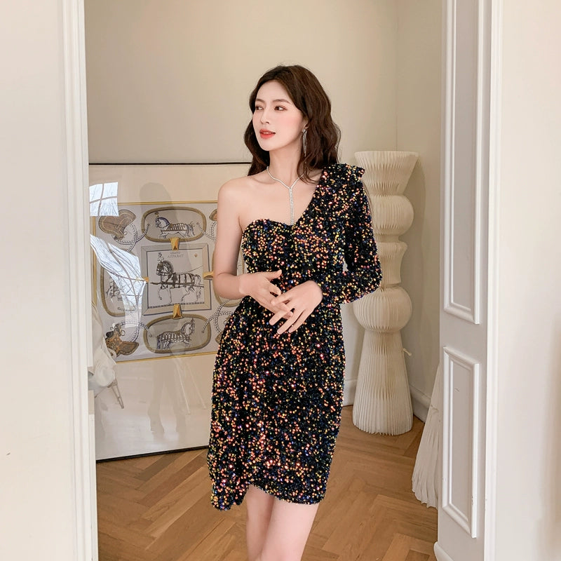 DOLLY Luxury White Sequined Slant Collar Off Shoulder Long Sleeve Dinner Dress-KAKA